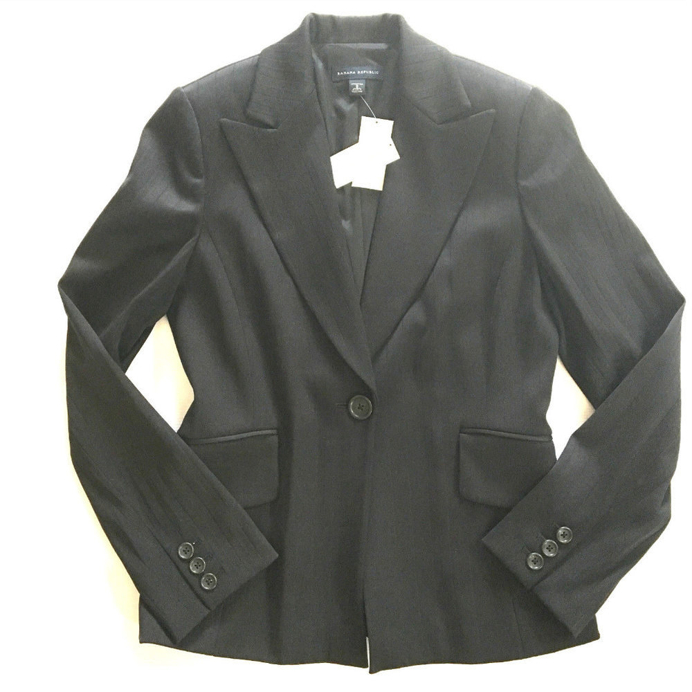 One-Button Black Stretch Wool Blazer Pinstripe 8